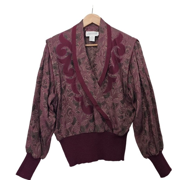 Vintage 80s Side Effects Sweater Large Collared Burgundy Paisley Crossover Retro - Picture 1 of 9
